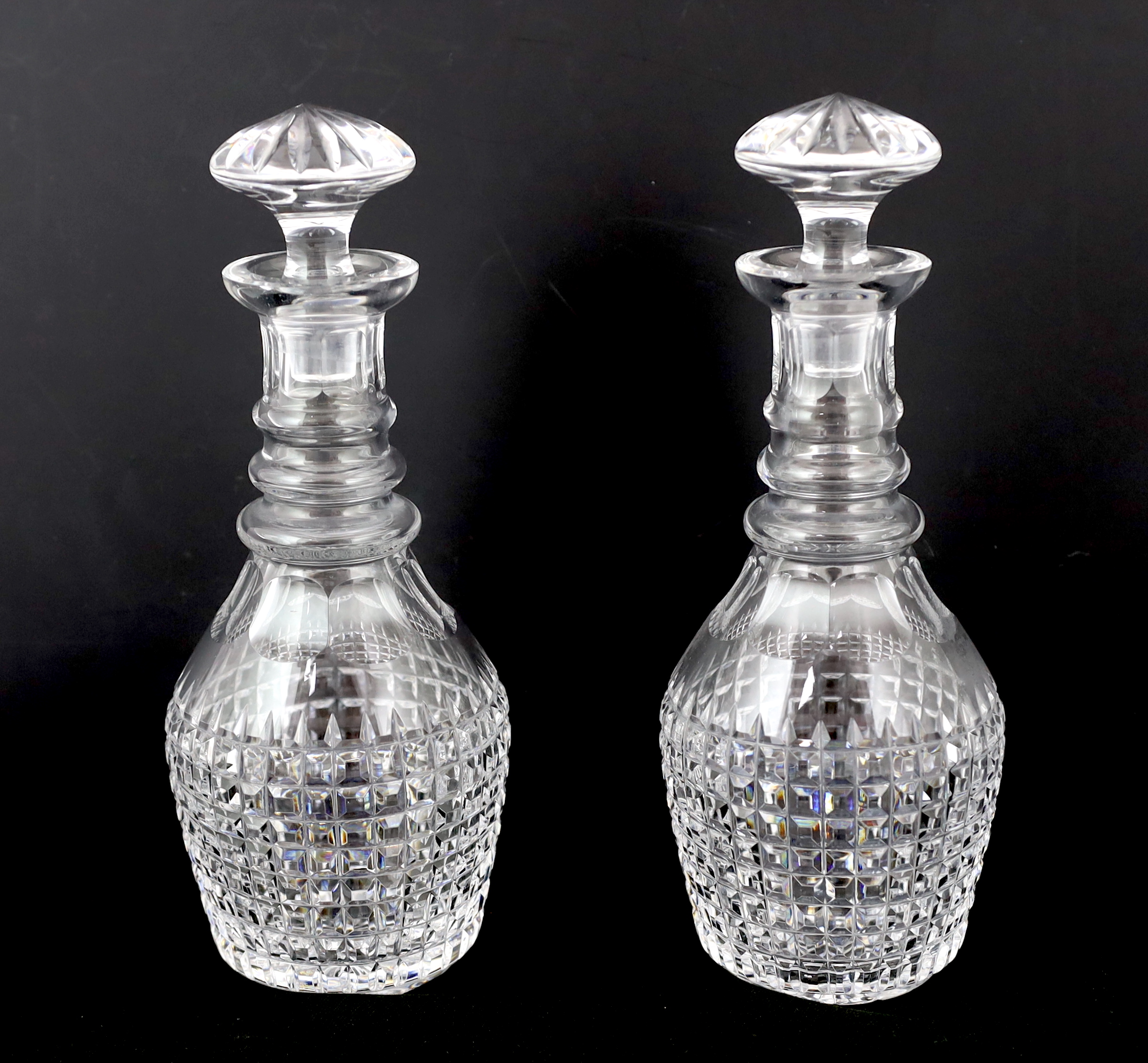 A pair Regency-style hob-nail cut glass decanters and stoppers, c.1900, Please note this lot attracts an additional import tax of 5% on the hammer price